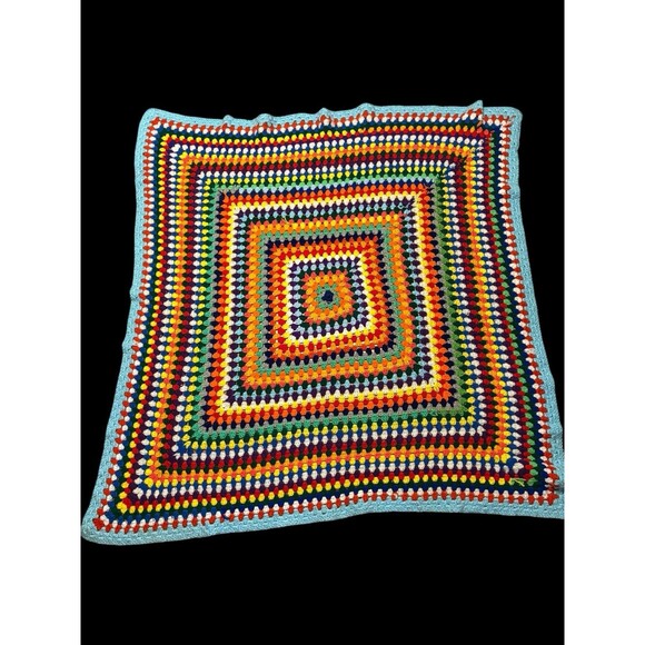 Hand Crocheted Afghan Throw Multicolored 61” Square Vintage Retro Vibe - Picture 3 of 4